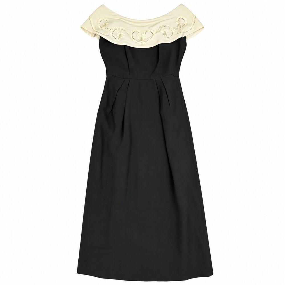 Vintage Black Cocktail Dress Ivory Embroidered Beaded Cape Collar Side Zip Midi
